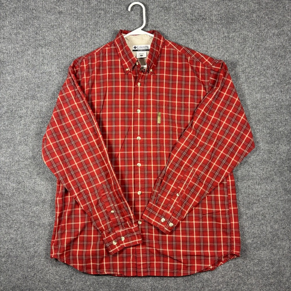 Columbia Button Down Shirt Mens Large Red Tan Plaid AM7026 Long Sleeve Cotton